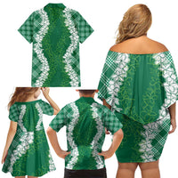 Hawaii Aloha Plumeria Lei Green Palaka Family Matching Off Shoulder Short Dress and Hawaiian Shirt LT7 - Polynesian Pride