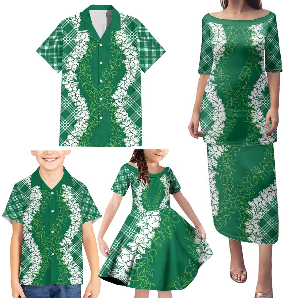 Hawaii Aloha Plumeria Lei Green Palaka Family Matching Puletasi and Hawaiian Shirt LT7 - Polynesian Pride