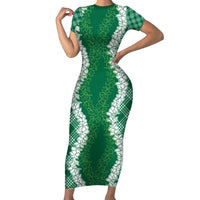 Hawaii Aloha Plumeria Lei Green Palaka Family Matching Short Sleeve Bodycon Dress and Hawaiian Shirt LT7 Mom's Dress Green - Polynesian Pride