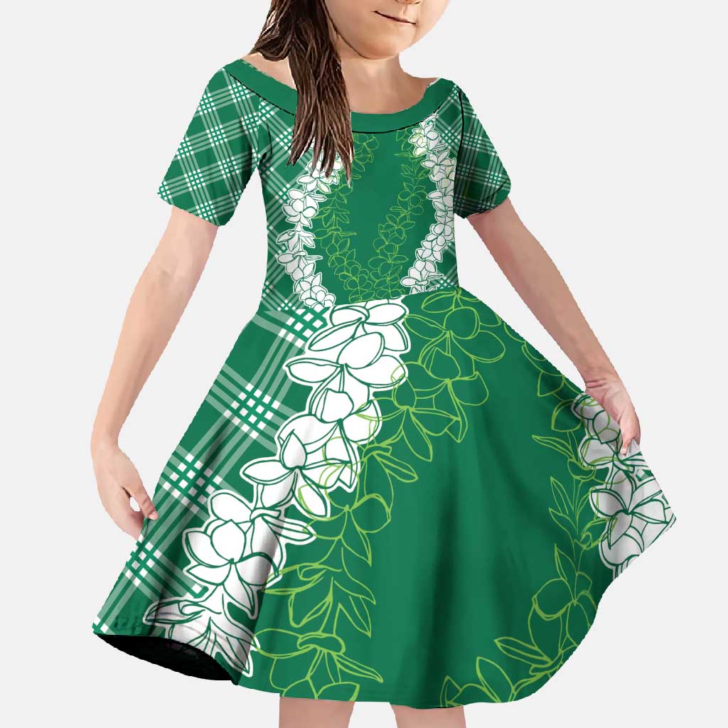 Hawaii Aloha Plumeria Lei Green Palaka Family Matching Summer Maxi Dress and Hawaiian Shirt LT7 Daughter's Dress Green - Polynesian Pride