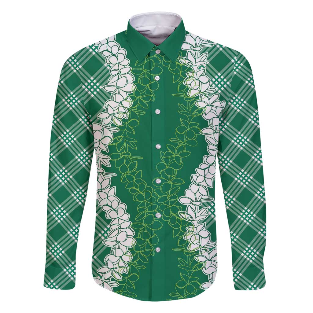 Hawaii Aloha Plumeria Lei Green Palaka Family Matching Tank Maxi Dress and Hawaiian Shirt LT7 Dad's Shirt - Long Sleeve Green - Polynesian Pride