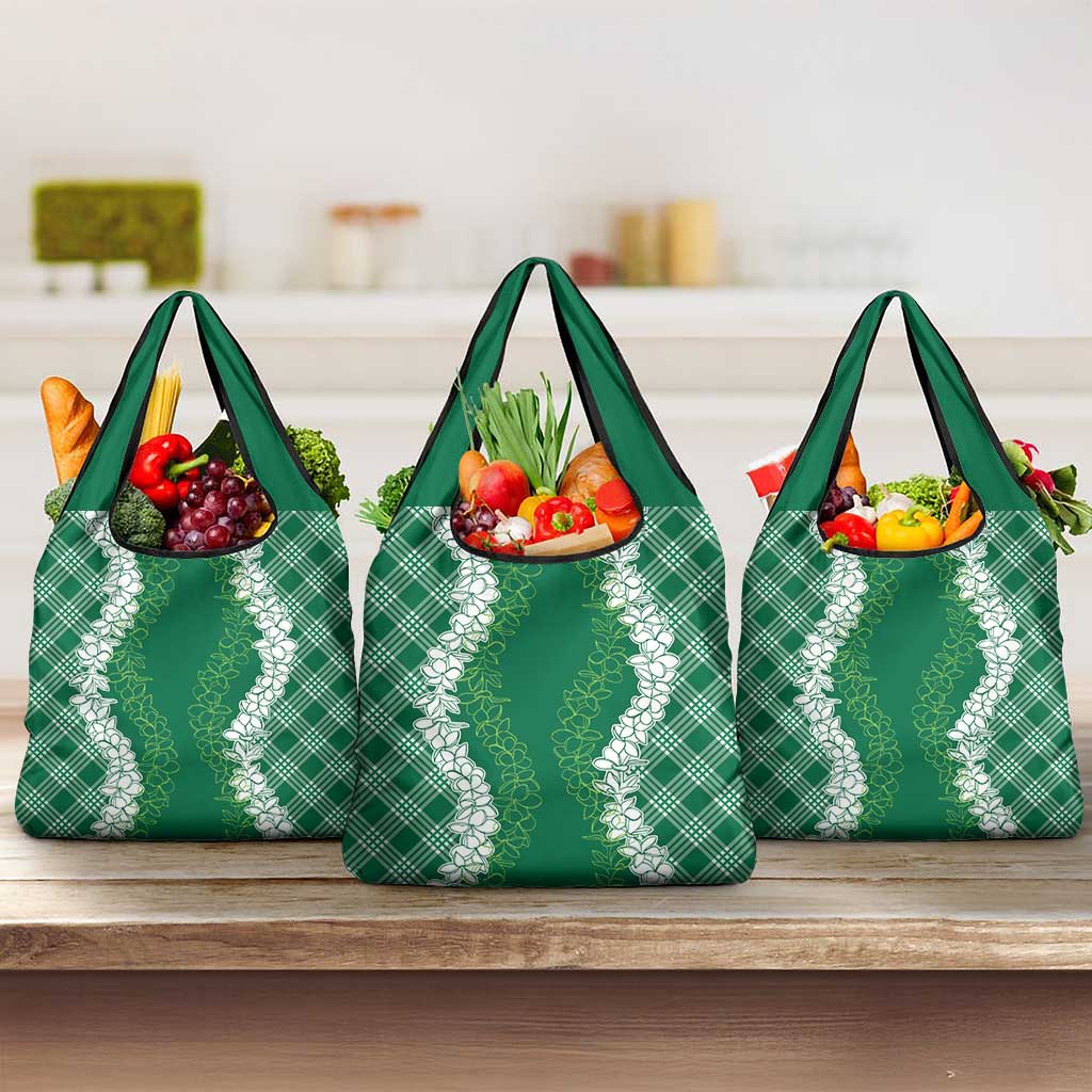 Hawaii Aloha Plumeria Lei Green Palaka Grocery Bag - Polynesian Pride