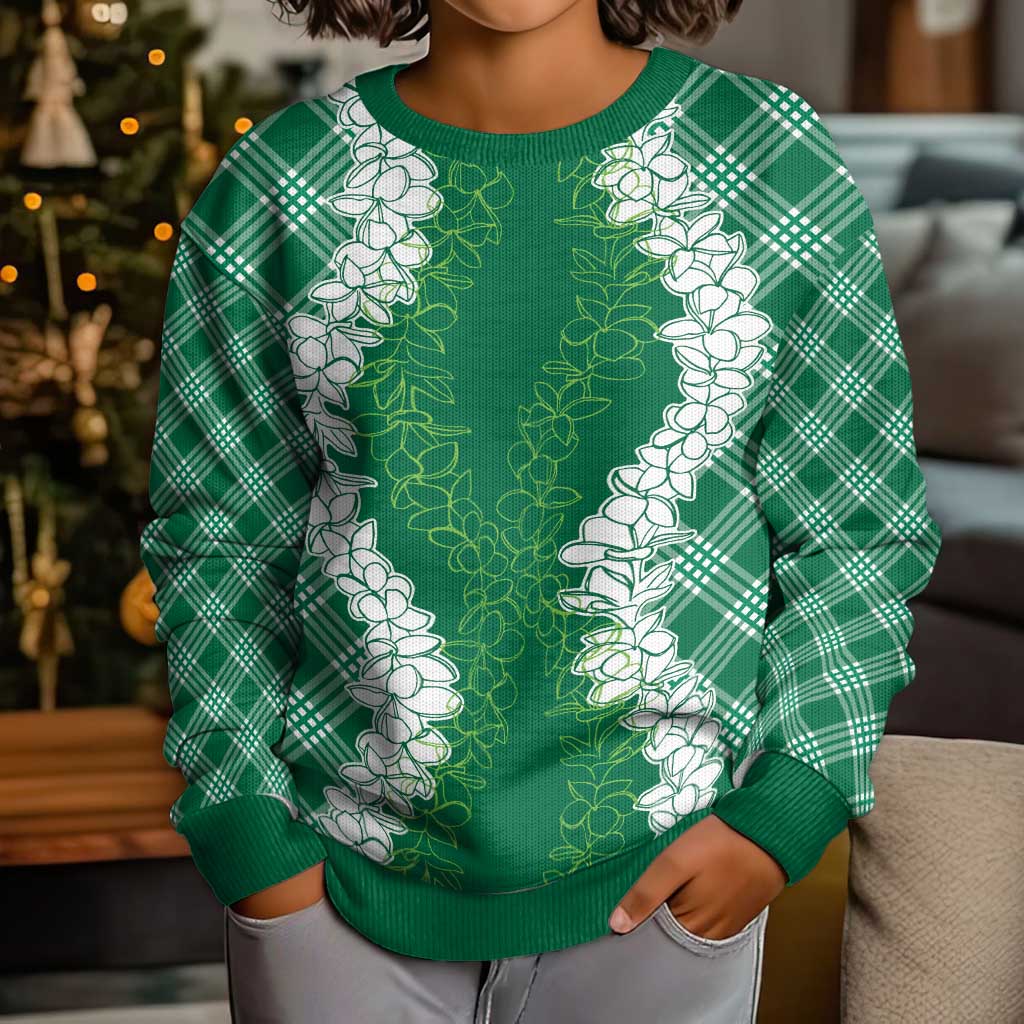 Hawaii Aloha Plumeria Lei Green Palaka Kid Ugly Christmas Sweater LT7 - Polynesian Pride