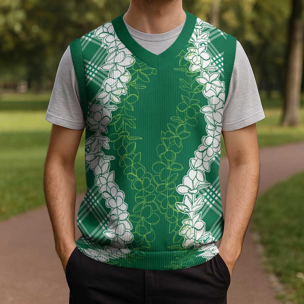 Hawaii Aloha Plumeria Lei Green Palaka Christmas Knitted V-Neck Vest - Polynesian Pride