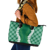 Hawaii Aloha Plumeria Lei Green Palaka Leather Tote Bag - Polynesian Pride