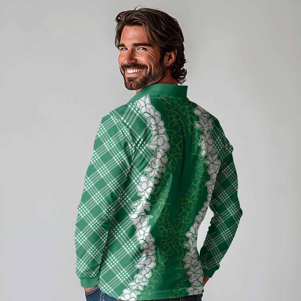 Hawaii Aloha Plumeria Lei Green Palaka Long Sleeve Polo Shirt - Polynesian Pride