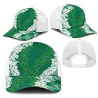 Hawaii Aloha Plumeria Lei Green Palaka Mesh Trucker Cap - Polynesian Pride