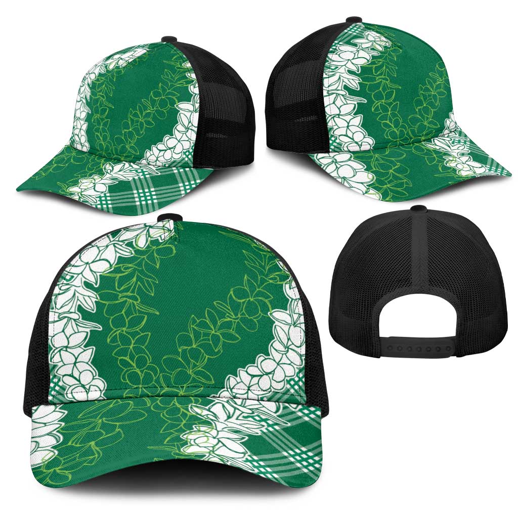 Hawaii Aloha Plumeria Lei Green Palaka Mesh Trucker Cap - Polynesian Pride
