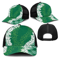 Hawaii Aloha Plumeria Lei Green Palaka Mesh Trucker Cap - Polynesian Pride