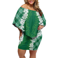 Hawaii Aloha Plumeria Lei Green Palaka Off Shoulder Short Dress LT7 Women Green - Polynesian Pride