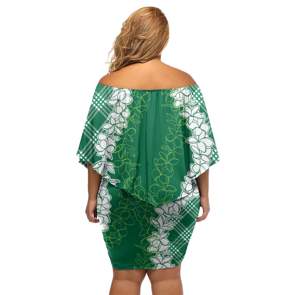 Hawaii Aloha Plumeria Lei Green Palaka Off Shoulder Short Dress LT7 - Polynesian Pride