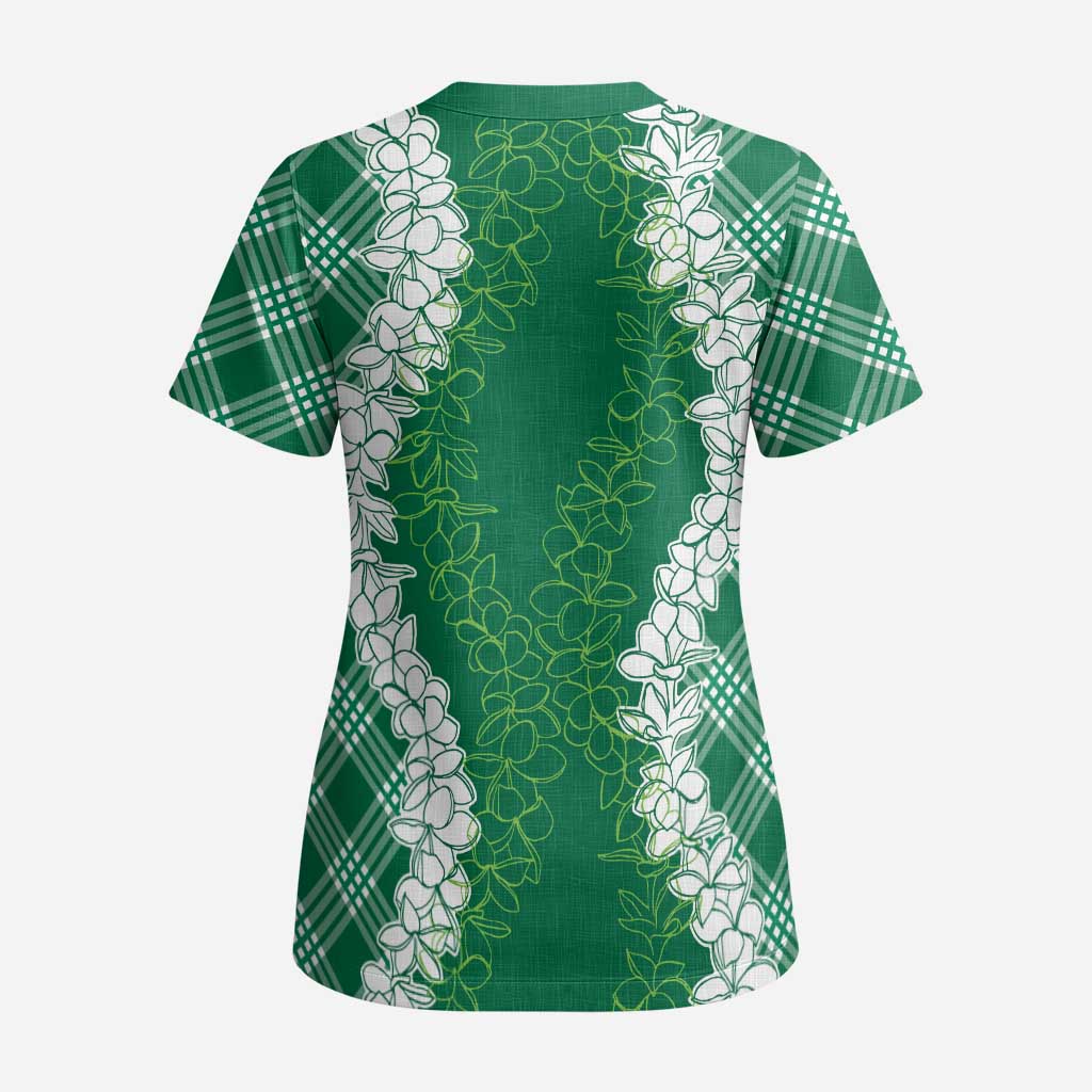 Hawaii Aloha Plumeria Lei Green Palaka Scrub Top - Polynesian Pride