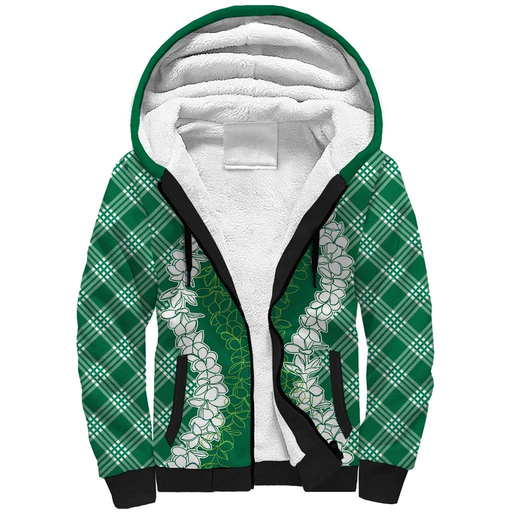 Hawaii Aloha Plumeria Lei Green Palaka Sherpa Hoodie - Polynesian Pride