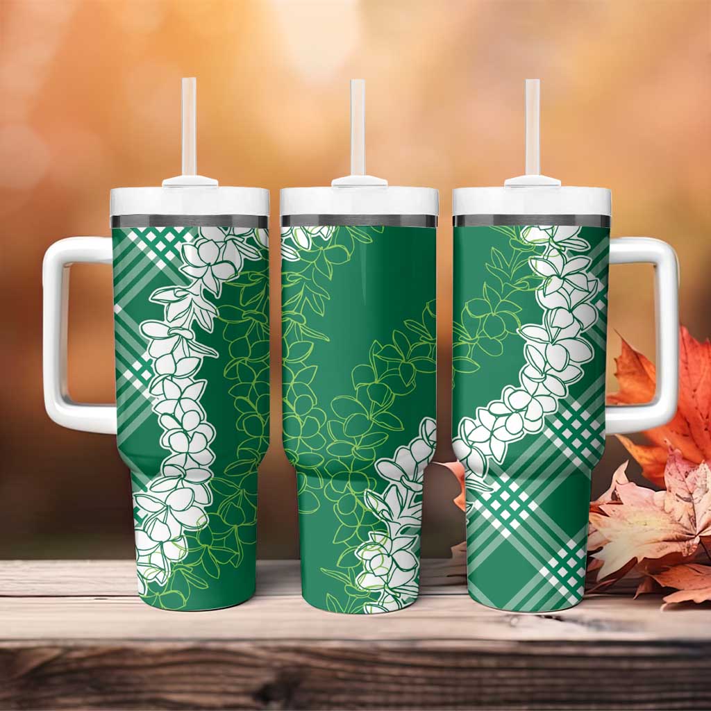 Hawaii Aloha Plumeria Lei Green Palaka Tumbler With Handle - Polynesian Pride