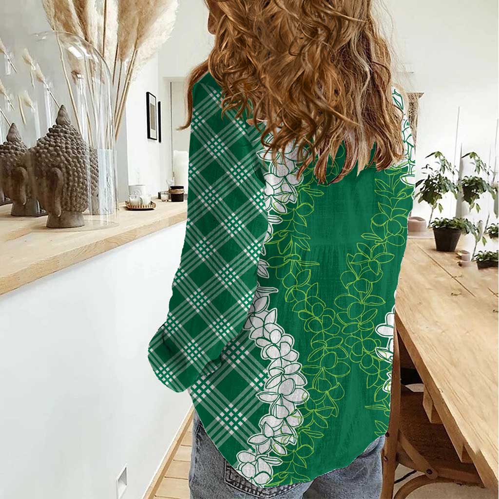 Hawaii Aloha Plumeria Lei Green Palaka Women Casual Shirt - Polynesian Pride