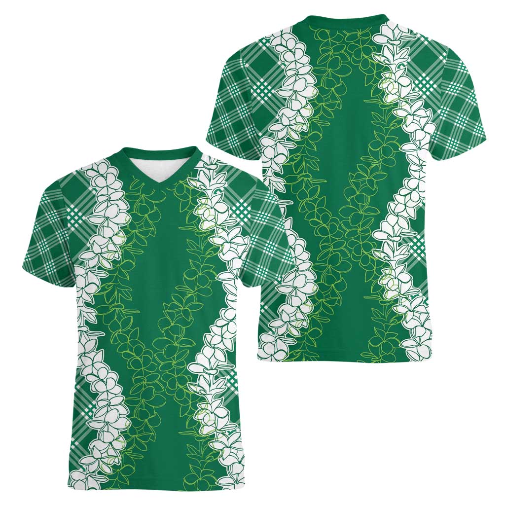 Hawaii Aloha Plumeria Lei Green Palaka Women V-Neck T-Shirt - Polynesian Pride