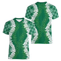 Hawaii Aloha Plumeria Lei Green Palaka Women V-Neck T-Shirt - Polynesian Pride