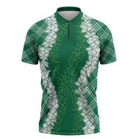 Hawaii Aloha Plumeria Lei Green Palaka Zipper Polo Shirt - Polynesian Pride