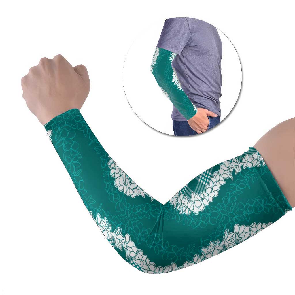 Hawaii Aloha Plumeria Lei Teal Palaka Arm Sleeves - Polynesian Pride