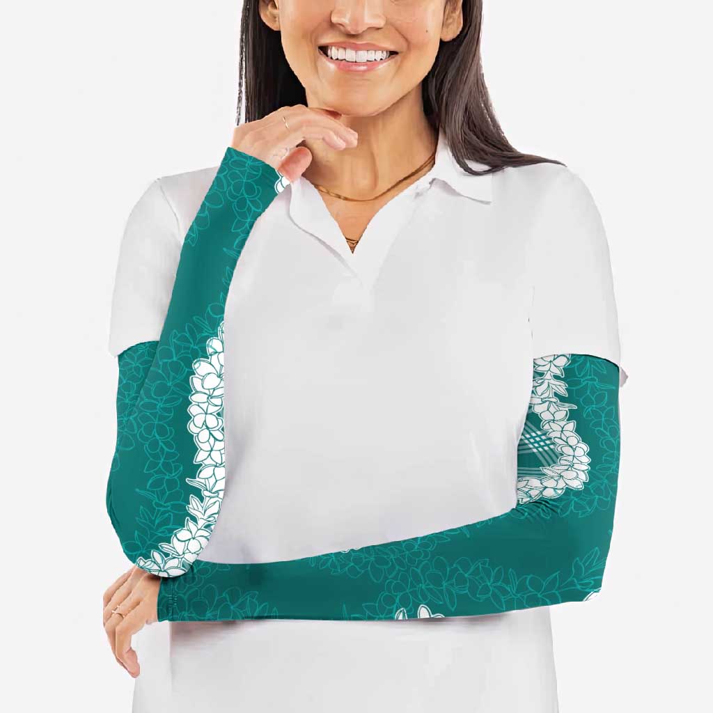 Hawaii Aloha Plumeria Lei Teal Palaka Arm Sleeves - Polynesian Pride