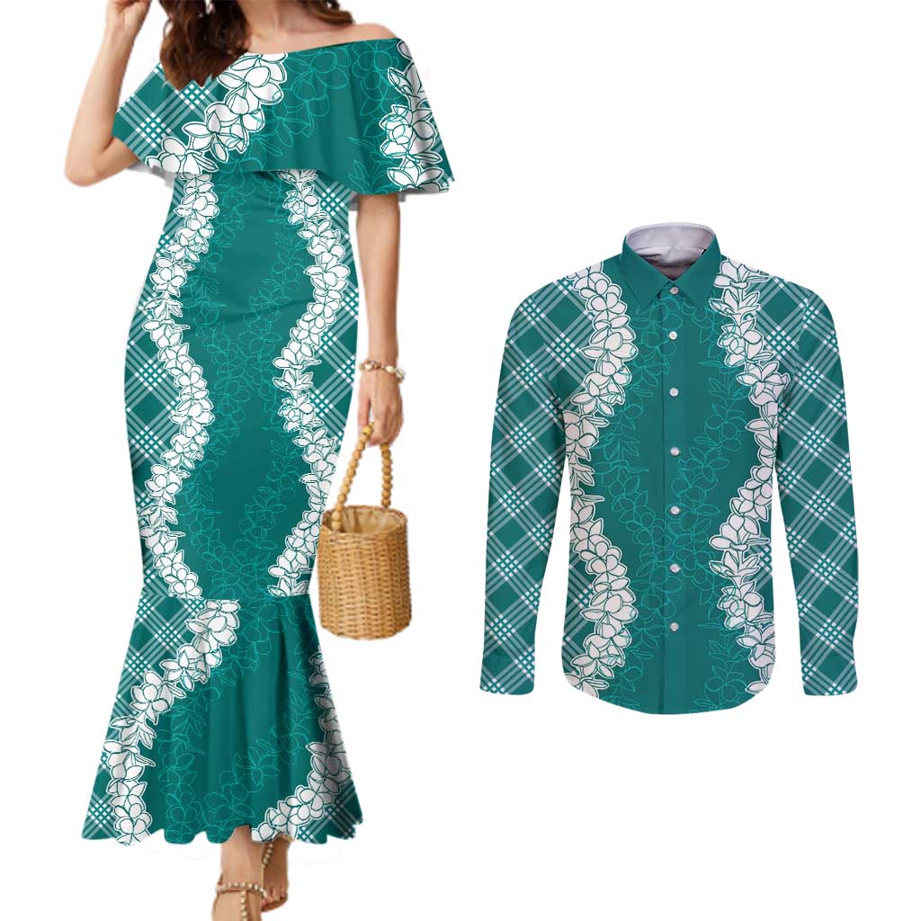 Hawaii Aloha Plumeria Lei Teal Palaka Couples Matching Mermaid Dress and Long Sleeve Button Shirt - Polynesian Pride