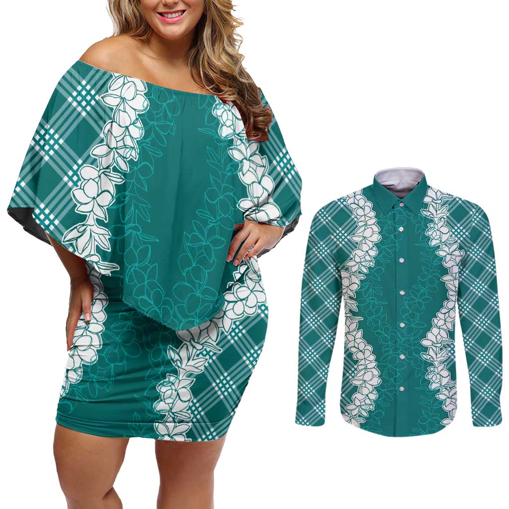 Hawaii Aloha Plumeria Lei Teal Palaka Couples Matching Off Shoulder Short Dress and Long Sleeve Button Shirt - Polynesian Pride