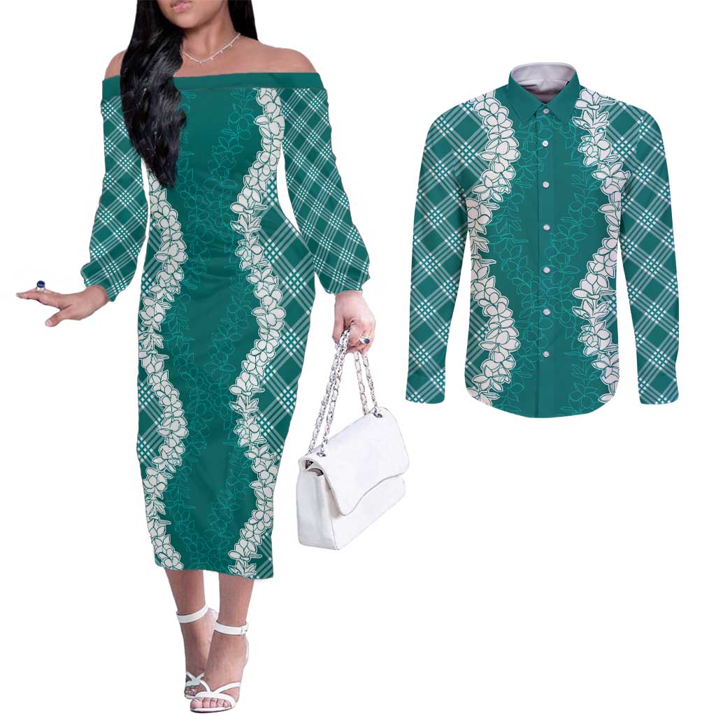 Hawaii Aloha Plumeria Lei Teal Palaka Couples Matching Off The Shoulder Long Sleeve Dress and Long Sleeve Button Shirt - Polynesian Pride