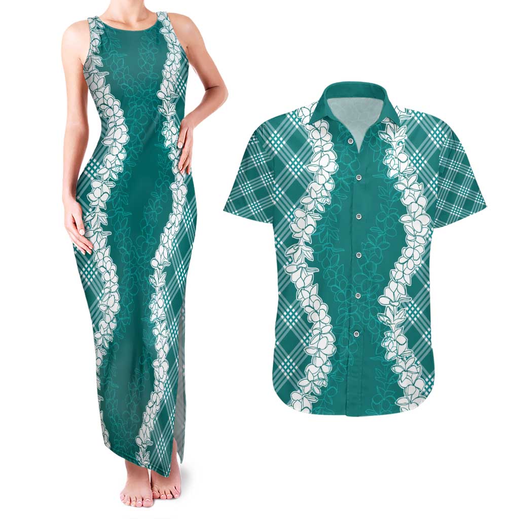 Hawaii Aloha Plumeria Lei Teal Palaka Couples Matching Tank Maxi Dress and Hawaiian Shirt - Polynesian Pride