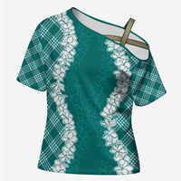 Hawaii Aloha Plumeria Lei Teal Palaka Cross Shoulder Shirt - Polynesian Pride