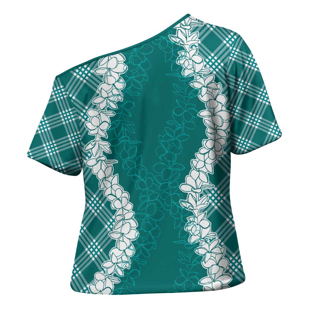 Hawaii Aloha Plumeria Lei Teal Palaka Cross Shoulder Shirt - Polynesian Pride