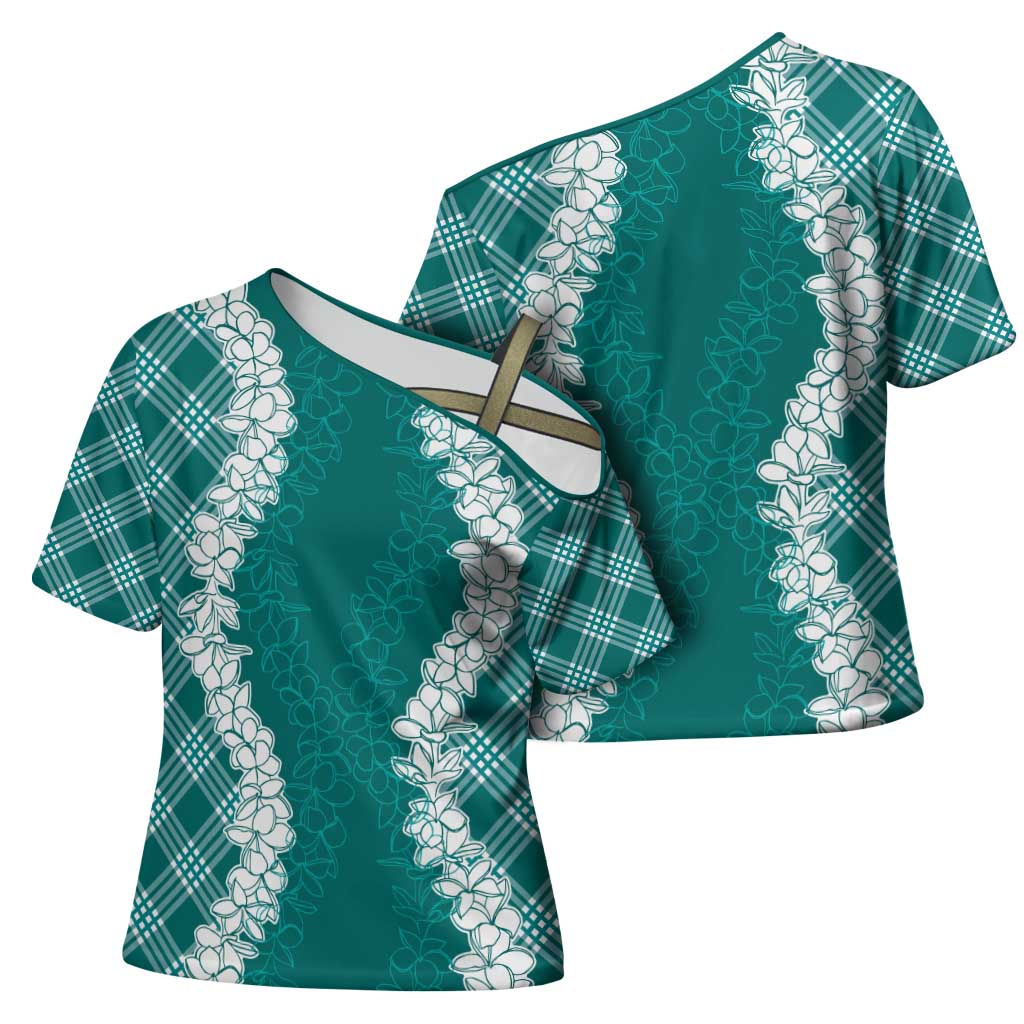 Hawaii Aloha Plumeria Lei Teal Palaka Cross Shoulder Shirt - Polynesian Pride