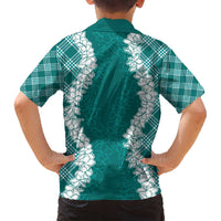 Hawaii Aloha Plumeria Lei Teal Palaka Family Matching Long Sleeve Bodycon Dress and Hawaiian Shirt LT7 - Polynesian Pride
