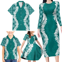 Hawaii Aloha Plumeria Lei Teal Palaka Family Matching Long Sleeve Bodycon Dress and Hawaiian Shirt LT7 - Polynesian Pride