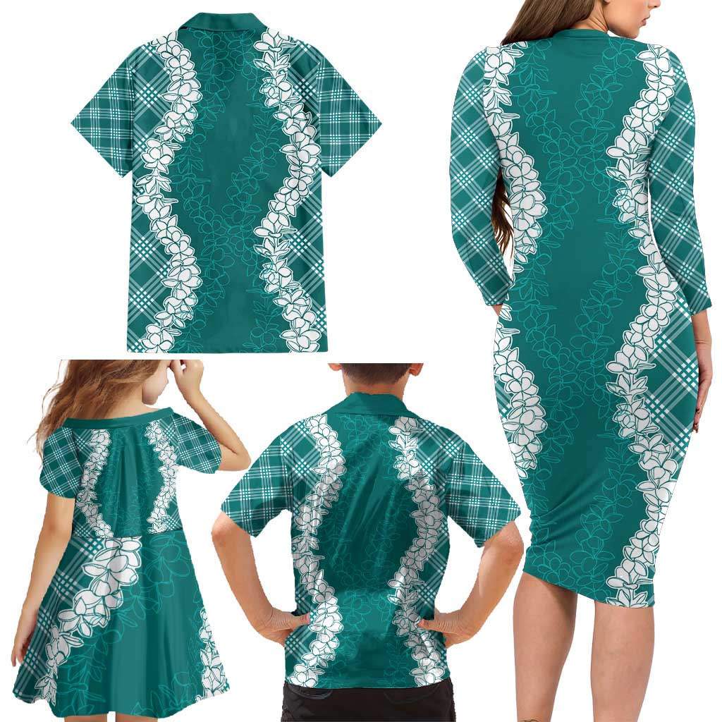 Hawaii Aloha Plumeria Lei Teal Palaka Family Matching Long Sleeve Bodycon Dress and Hawaiian Shirt LT7 - Polynesian Pride
