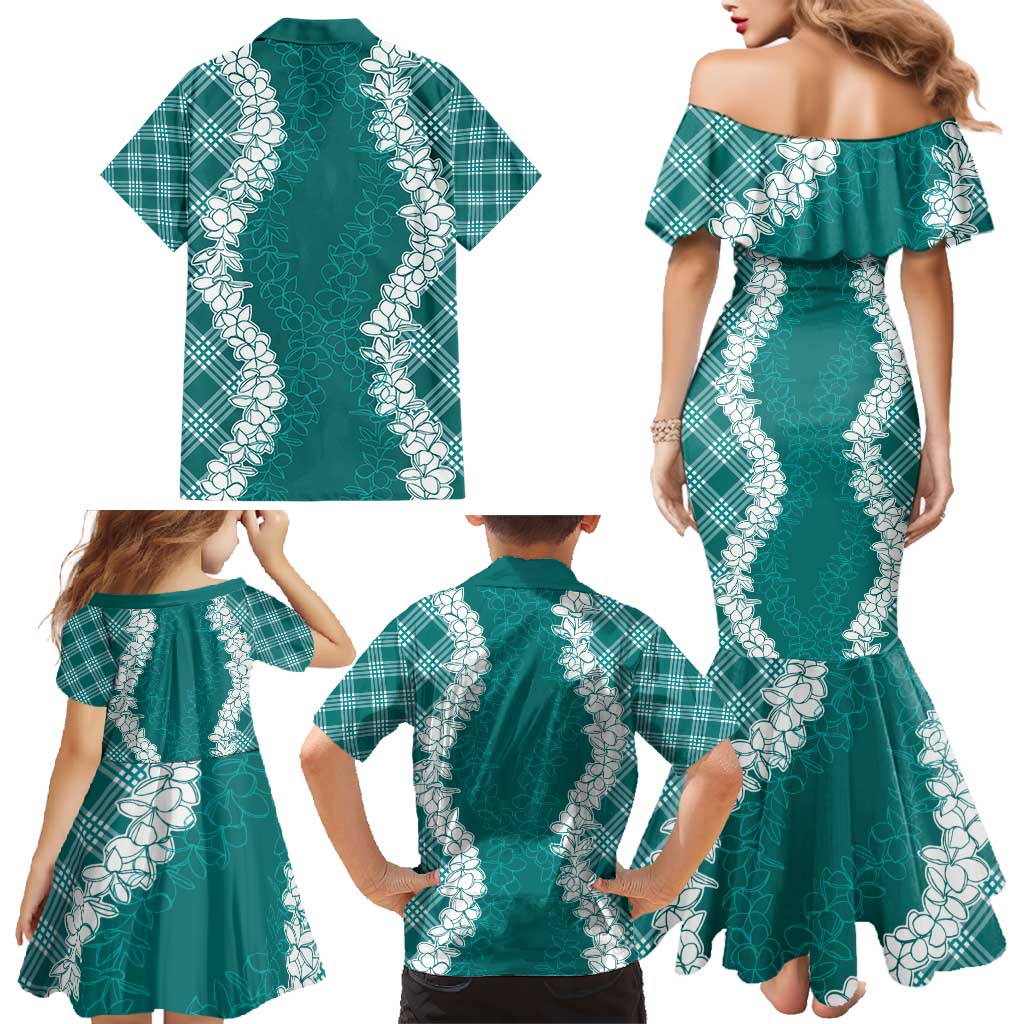 Hawaii Aloha Plumeria Lei Teal Palaka Family Matching Mermaid Dress and Hawaiian Shirt LT7 - Polynesian Pride