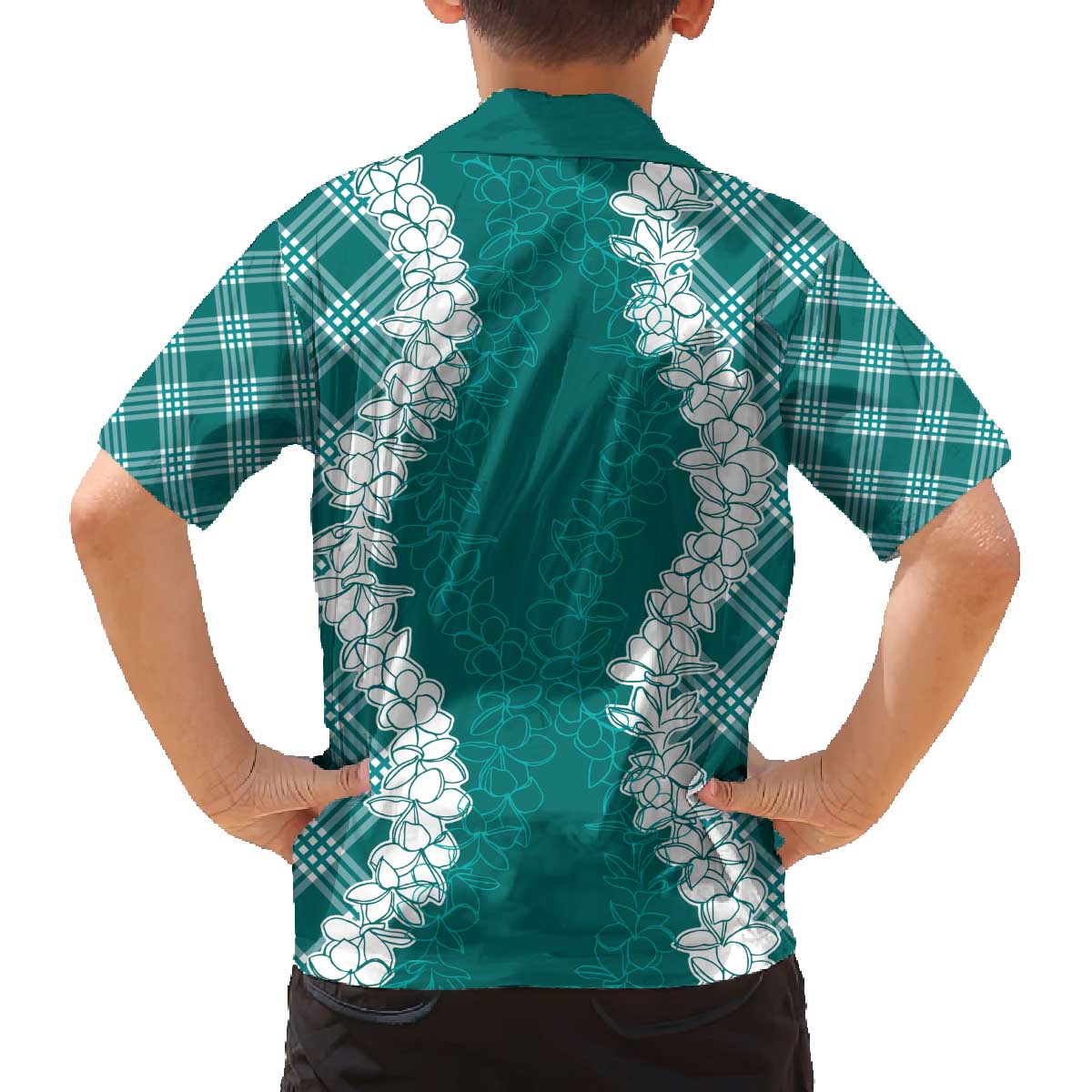 Hawaii Aloha Plumeria Lei Teal Palaka Family Matching Off The Shoulder Long Sleeve Dress and Hawaiian Shirt LT7 - Polynesian Pride