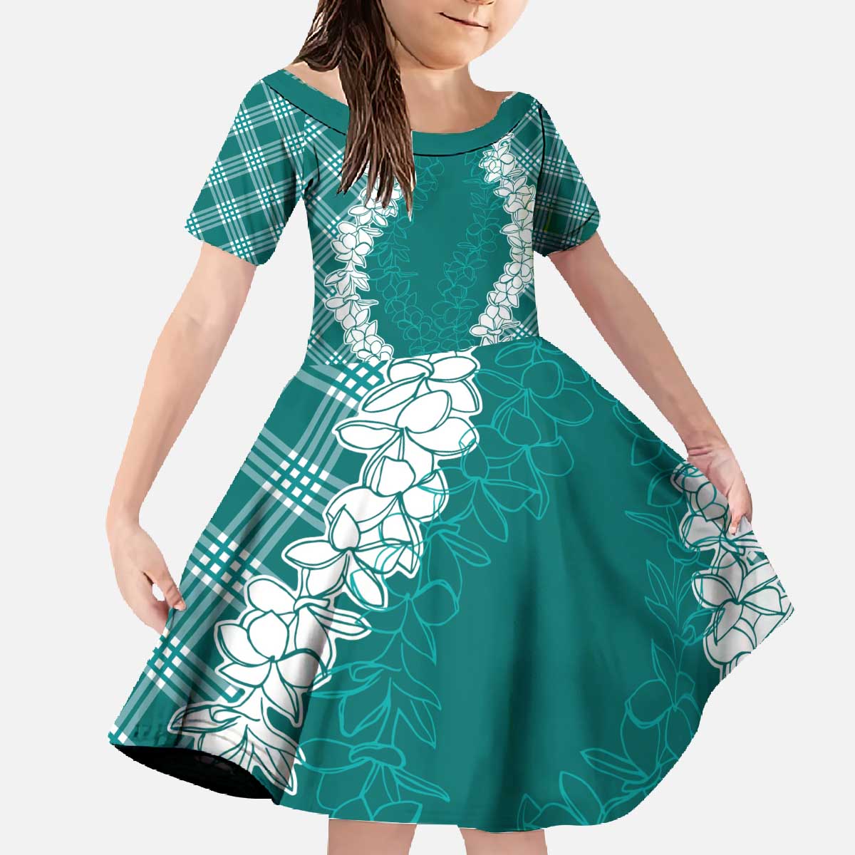 Hawaii Aloha Plumeria Lei Teal Palaka Family Matching Off The Shoulder Long Sleeve Dress and Hawaiian Shirt LT7 Daughter's Dress Teal - Polynesian Pride