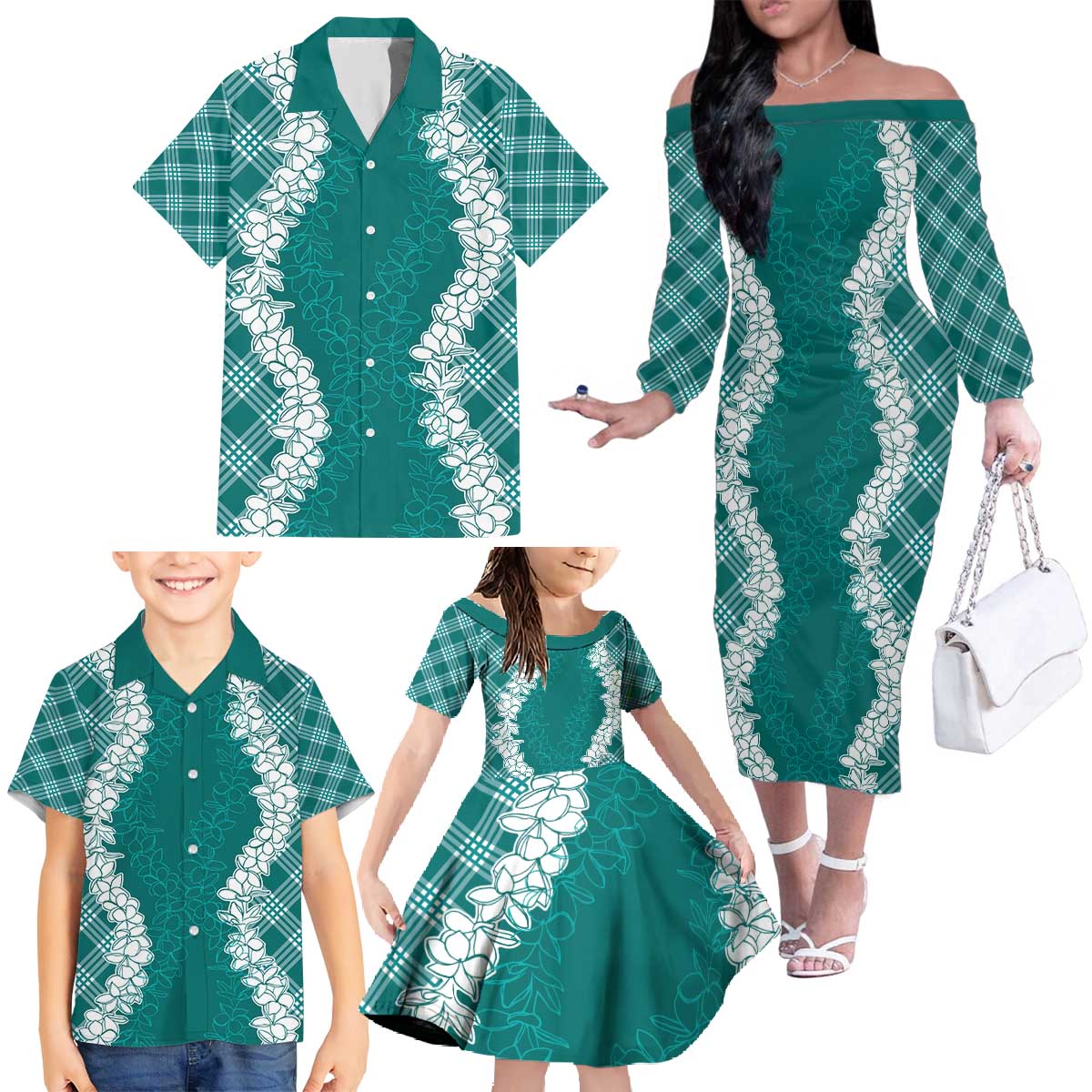 Hawaii Aloha Plumeria Lei Teal Palaka Family Matching Off The Shoulder Long Sleeve Dress and Hawaiian Shirt LT7 - Polynesian Pride