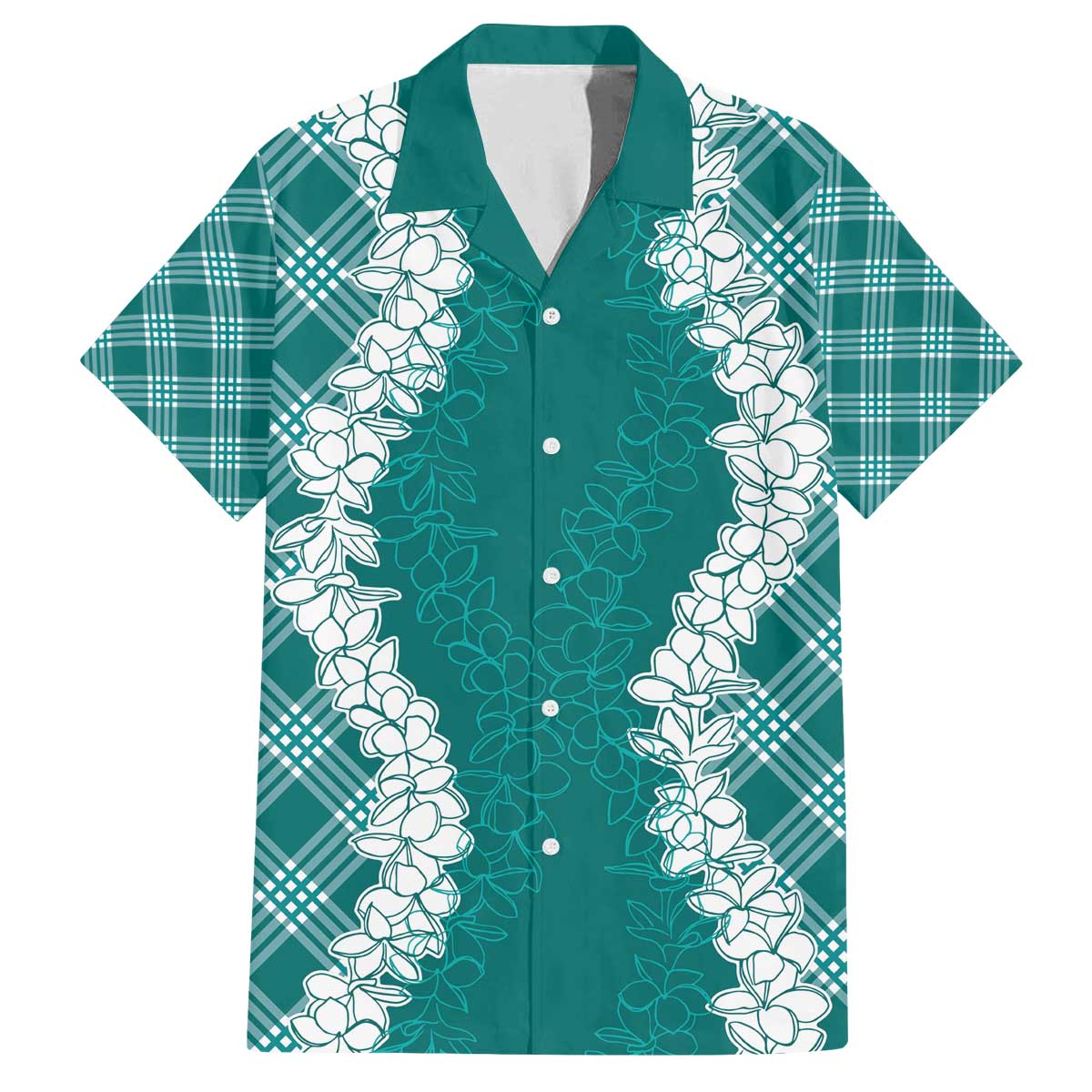 Hawaii Aloha Plumeria Lei Teal Palaka Family Matching Off The Shoulder Long Sleeve Dress and Hawaiian Shirt LT7 Dad's Shirt - Short Sleeve Teal - Polynesian Pride