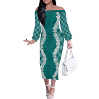 Hawaii Aloha Plumeria Lei Teal Palaka Family Matching Off The Shoulder Long Sleeve Dress and Hawaiian Shirt LT7 Mom's Dress Teal - Polynesian Pride