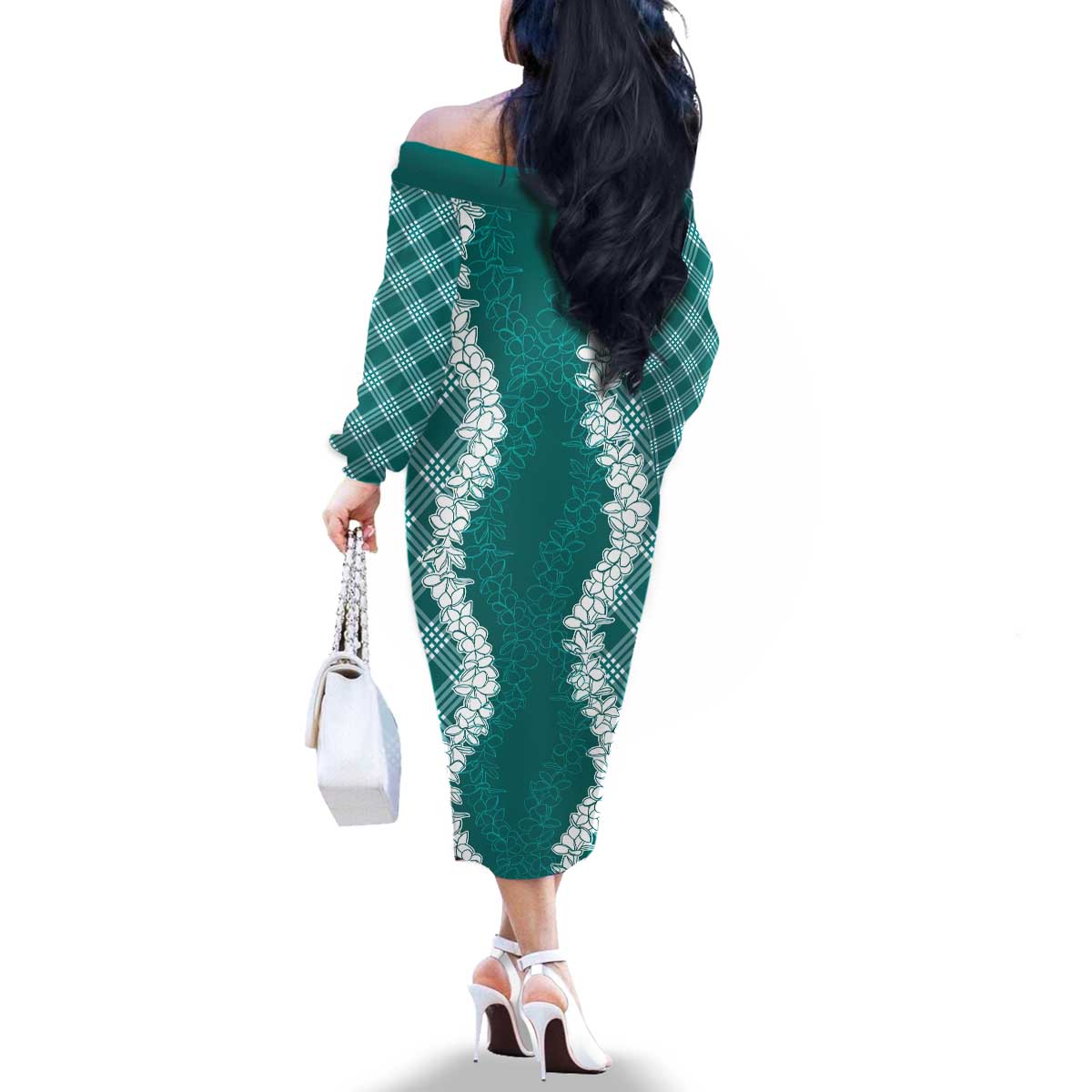 Hawaii Aloha Plumeria Lei Teal Palaka Family Matching Off The Shoulder Long Sleeve Dress and Hawaiian Shirt LT7 - Polynesian Pride
