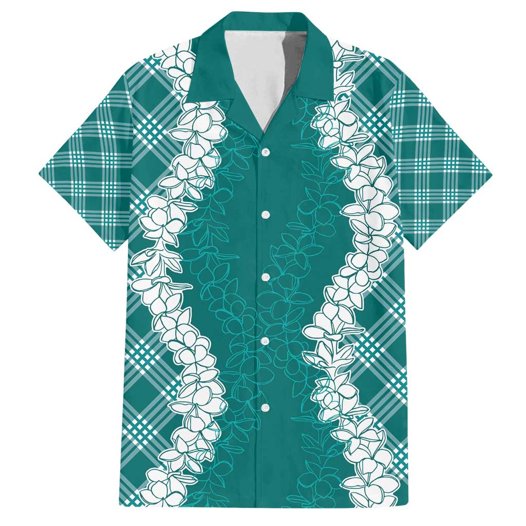 Hawaii Aloha Plumeria Lei Teal Palaka Family Matching Off Shoulder Maxi Dress and Hawaiian Shirt LT7 Dad's Shirt - Short Sleeve Teal - Polynesian Pride
