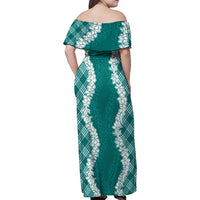 Hawaii Aloha Plumeria Lei Teal Palaka Family Matching Off Shoulder Maxi Dress and Hawaiian Shirt LT7 - Polynesian Pride