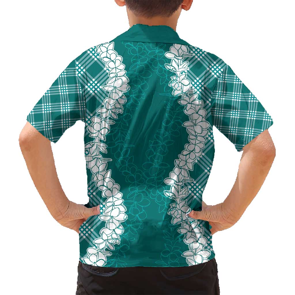 Hawaii Aloha Plumeria Lei Teal Palaka Family Matching Off Shoulder Short Dress and Hawaiian Shirt LT7 - Polynesian Pride