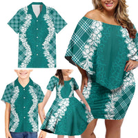 Hawaii Aloha Plumeria Lei Teal Palaka Family Matching Off Shoulder Short Dress and Hawaiian Shirt LT7 - Polynesian Pride