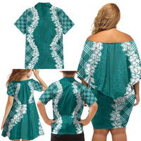 Hawaii Aloha Plumeria Lei Teal Palaka Family Matching Off Shoulder Short Dress and Hawaiian Shirt LT7 - Polynesian Pride