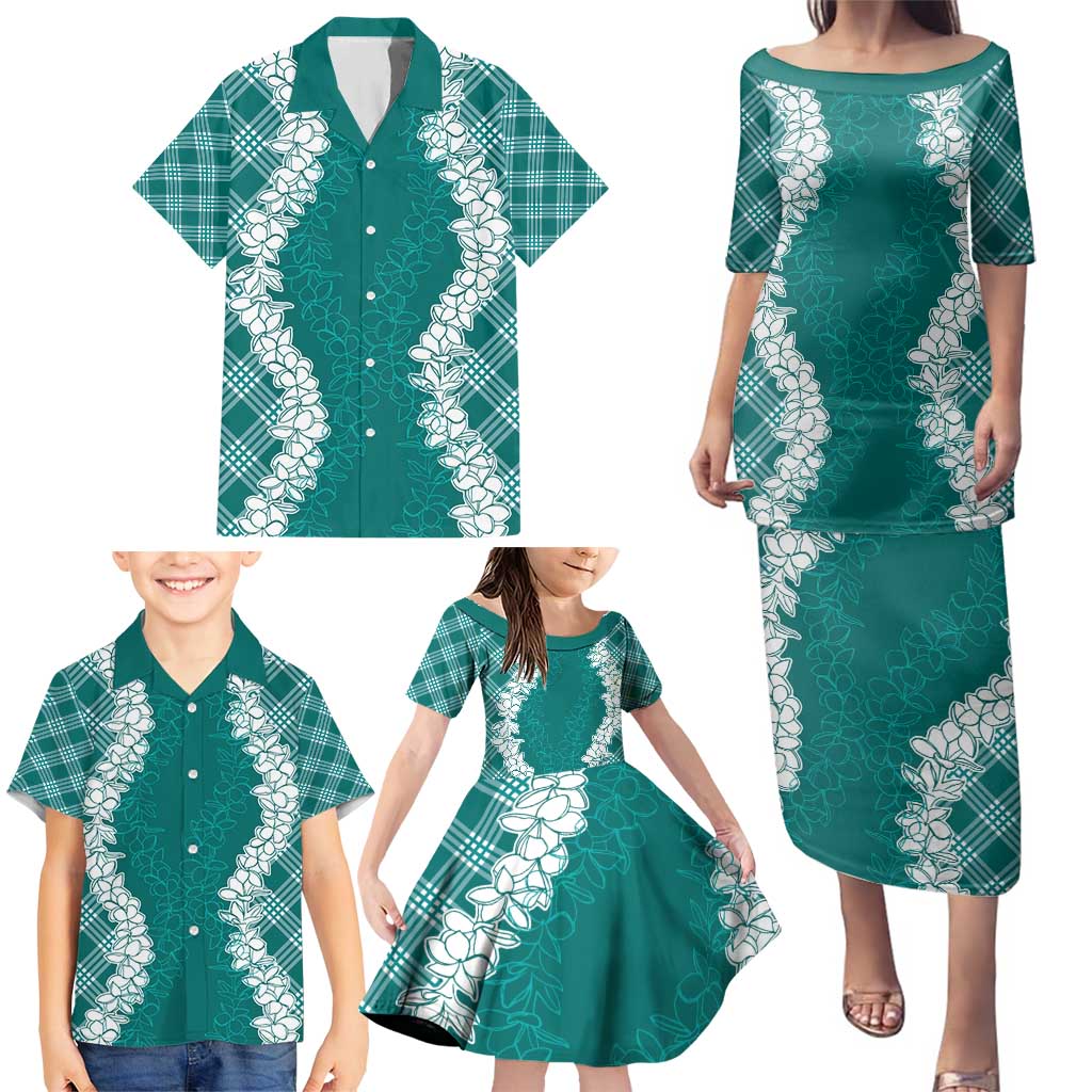 Hawaii Aloha Plumeria Lei Teal Palaka Family Matching Puletasi and Hawaiian Shirt LT7 - Polynesian Pride