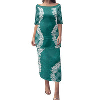 Hawaii Aloha Plumeria Lei Teal Palaka Family Matching Puletasi and Hawaiian Shirt LT7 Mom's Dress Teal - Polynesian Pride