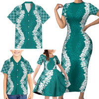 Hawaii Aloha Plumeria Lei Teal Palaka Family Matching Short Sleeve Bodycon Dress and Hawaiian Shirt LT7 - Polynesian Pride