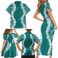 Hawaii Aloha Plumeria Lei Teal Palaka Family Matching Short Sleeve Bodycon Dress and Hawaiian Shirt LT7 - Polynesian Pride